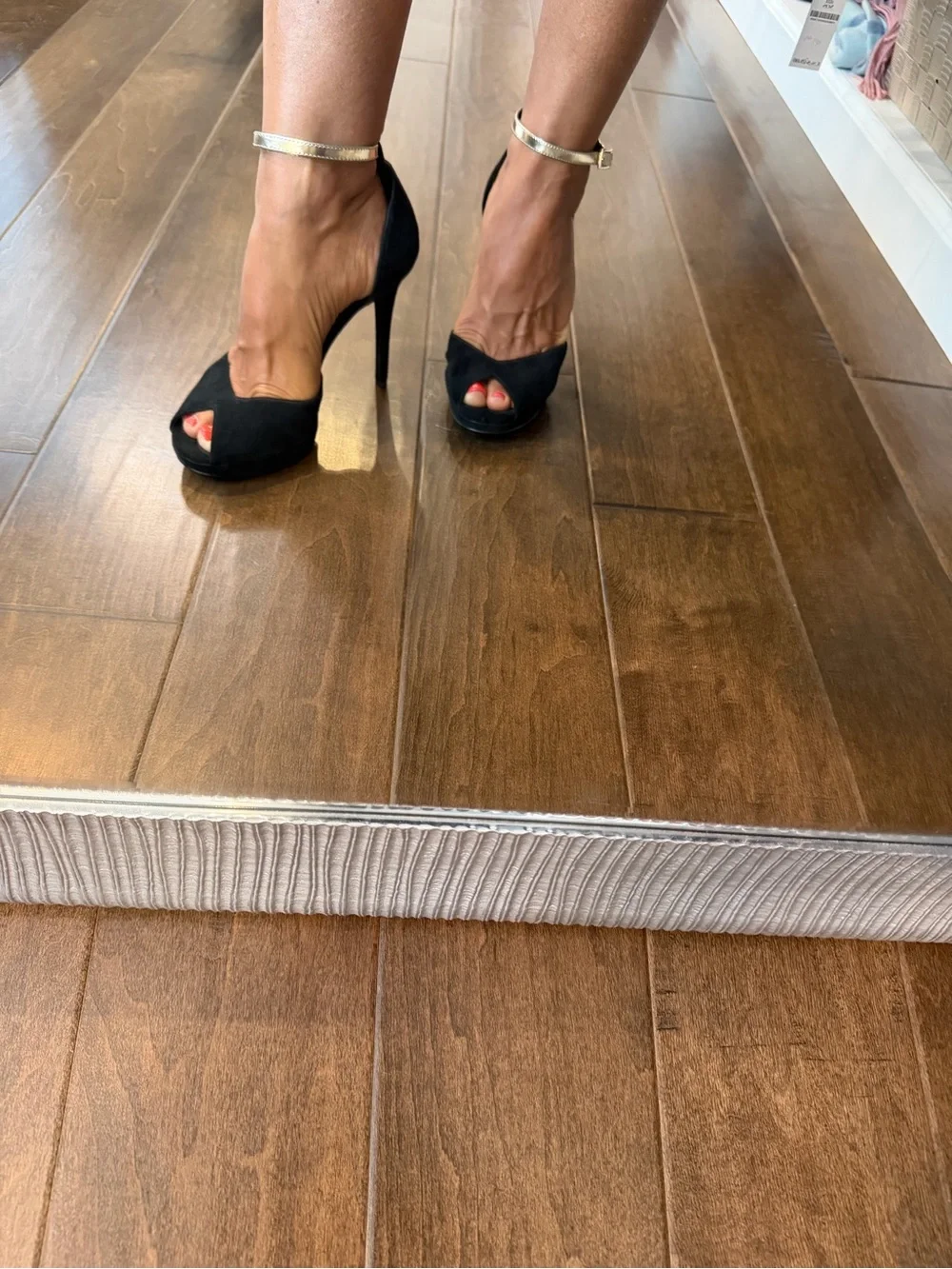 Michael Kors Black Suede Peep-Toe Heels with Gold Ankle Strap 6.5